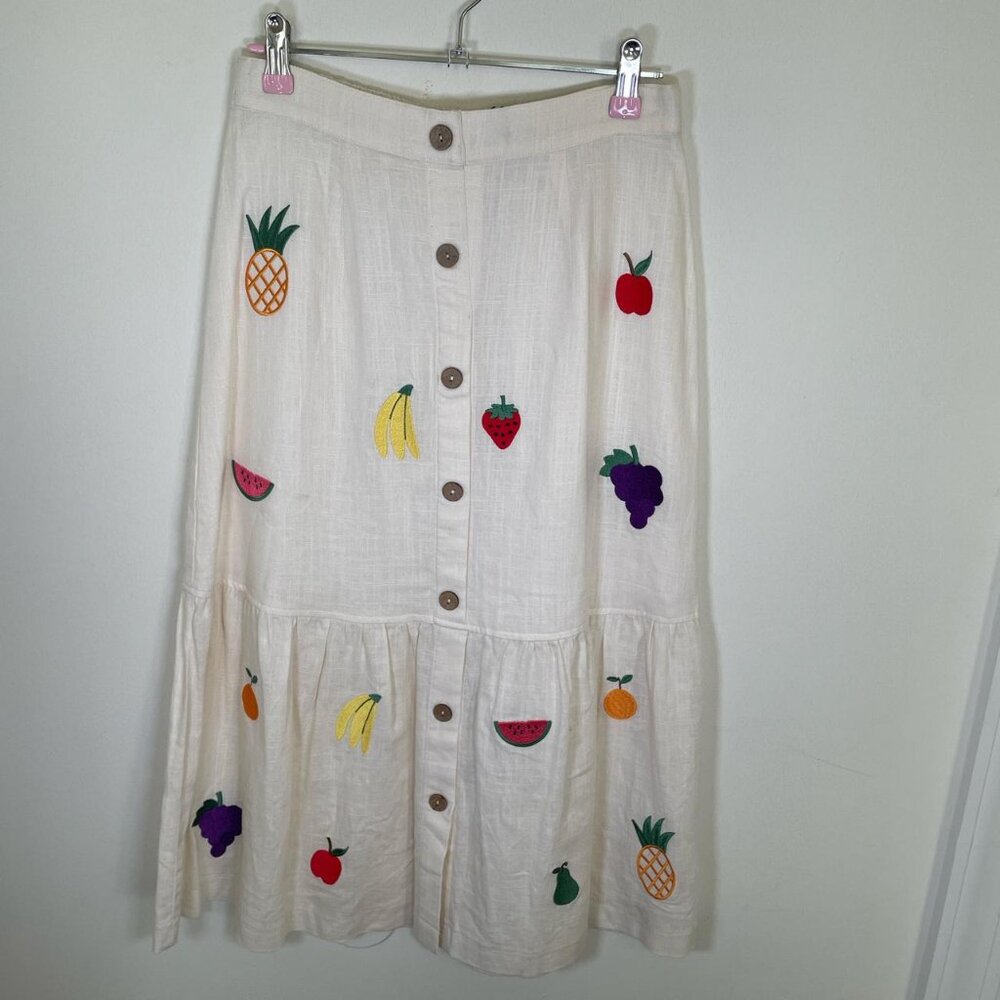 Pepaloves Embroidered Fruit Linen Blend Midi Skirt